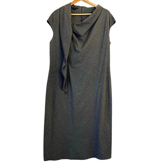 Layfayette 148 Draped Front Dress Size 16 Midi Sheath Gray Office Stretch Work - Picture 1 of 15